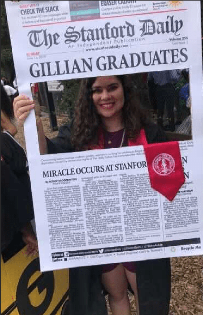 Gillian with a cutout poster reading "Gillian Graduates" in the layout style of The Stanford Daily's print paper.